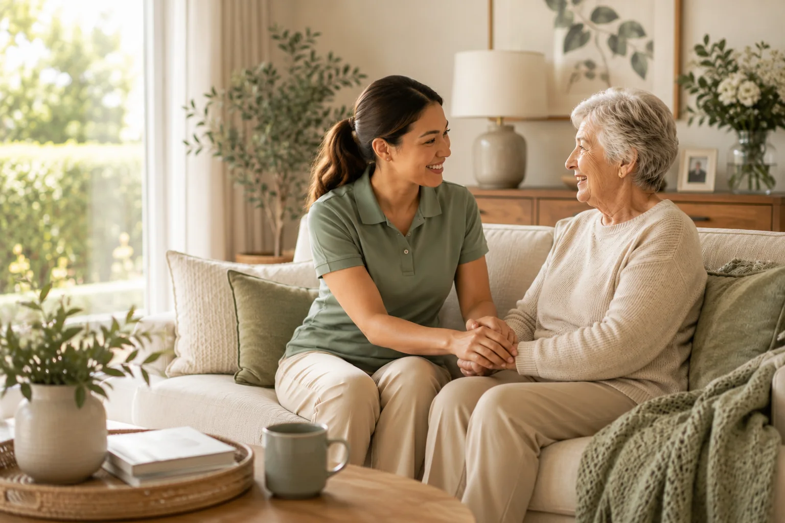 Heartside Care worker sharing a warm conversation with an older client at home