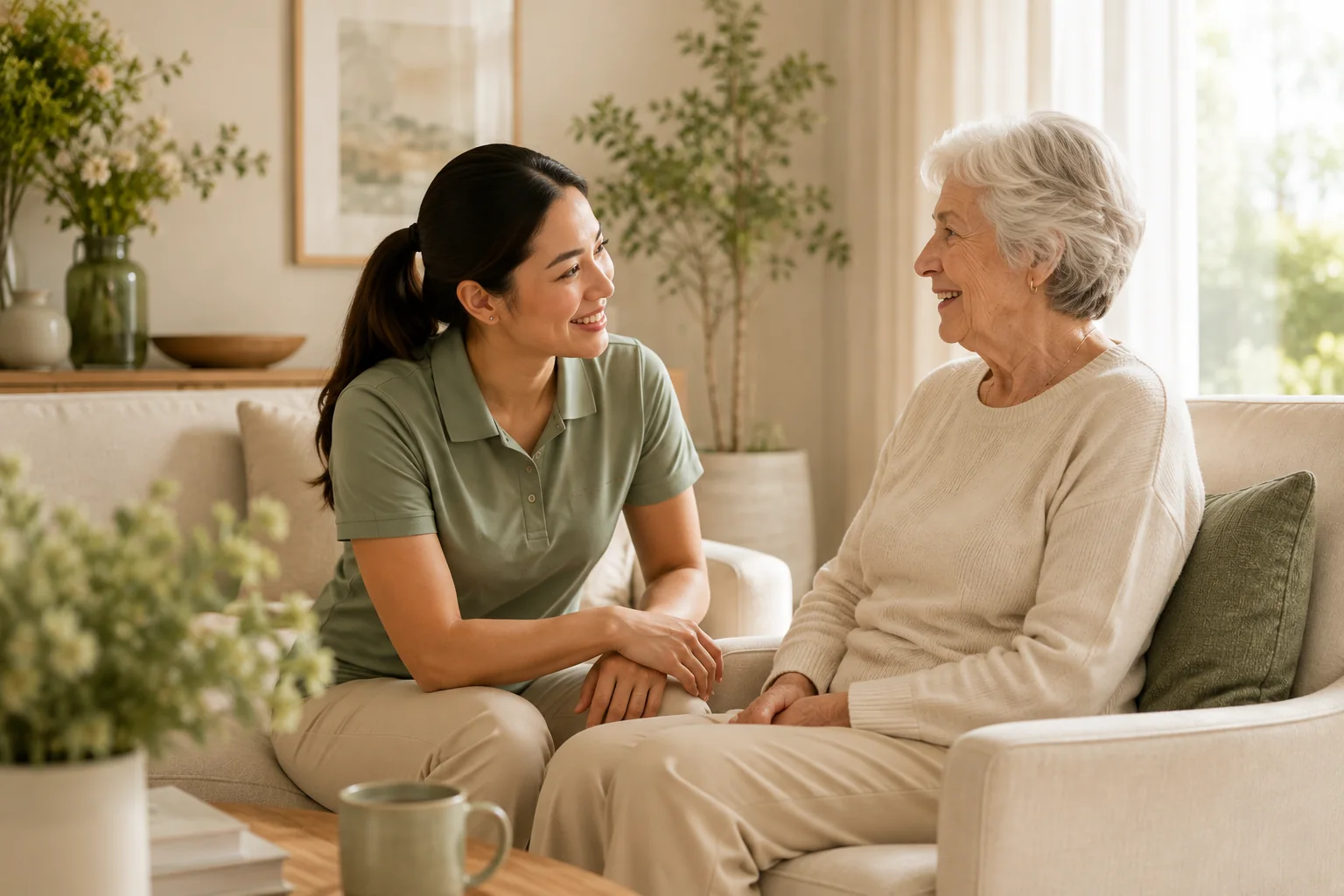 Heartside Care worker listening attentively to an older client in her home