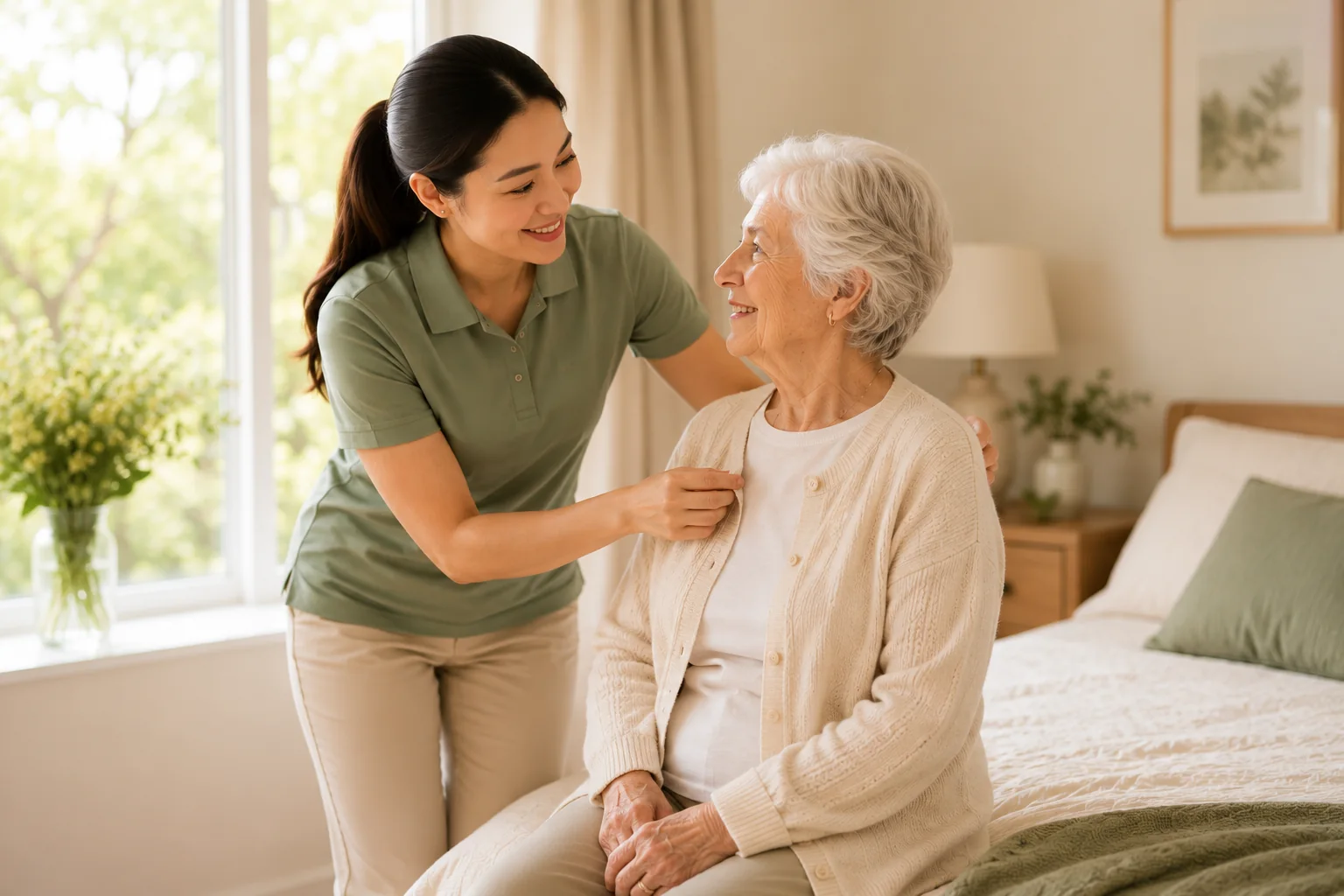 Heartside Care worker assisting an older client with dressing and personal care at home