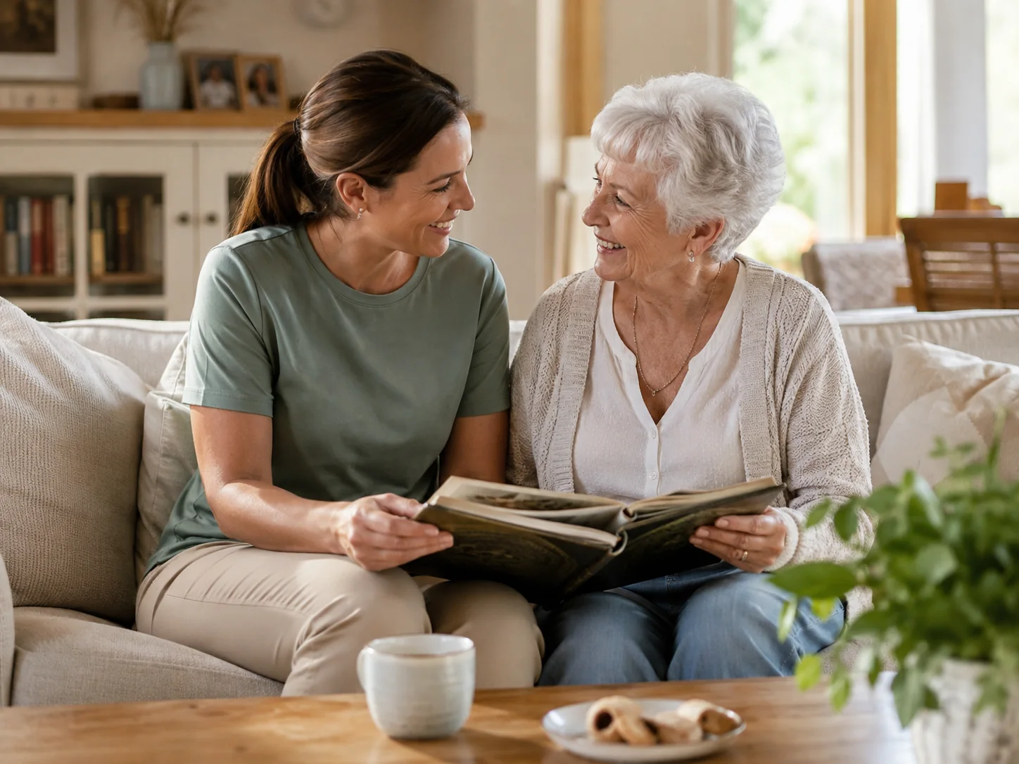 Heartside Care worker sharing conversation and companionship with an older client at home